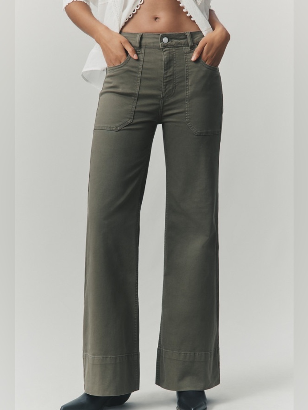 Pilcro Anthropologie The Rylan Relaxed High Rise Flare Pants Green 26 Petite